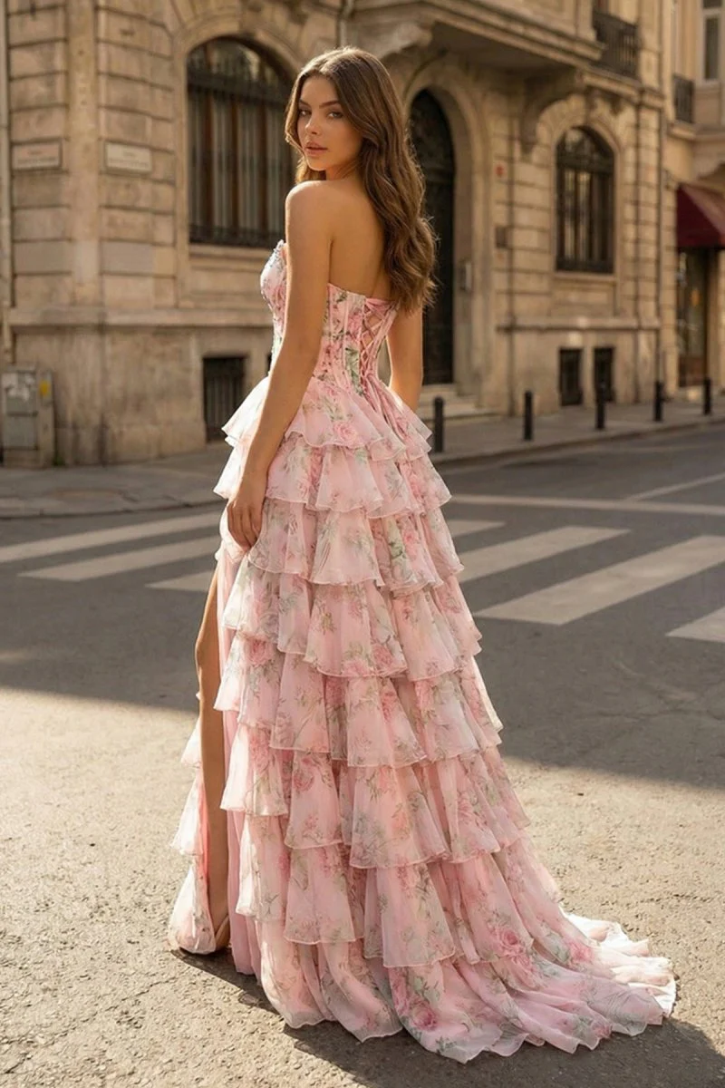 Pink - Scoop Neck A Line Floral Chiffon Ruffled Prom Dresses With Beading