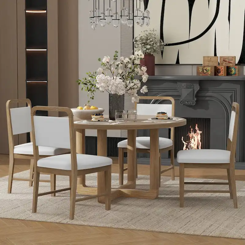 5 Piece Dining Table and Chair Set, Wooden Kitchen Dining Table Set with Round Dining Table and 4 Upholstered Chairs