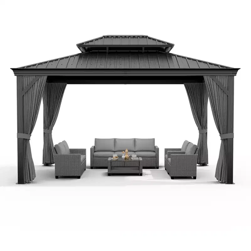 20 x 12 ft Aluminum Hardtop Gazebo with Curtains and Netting - Permanent Outdoor Pavilion for Backyard - Grey
