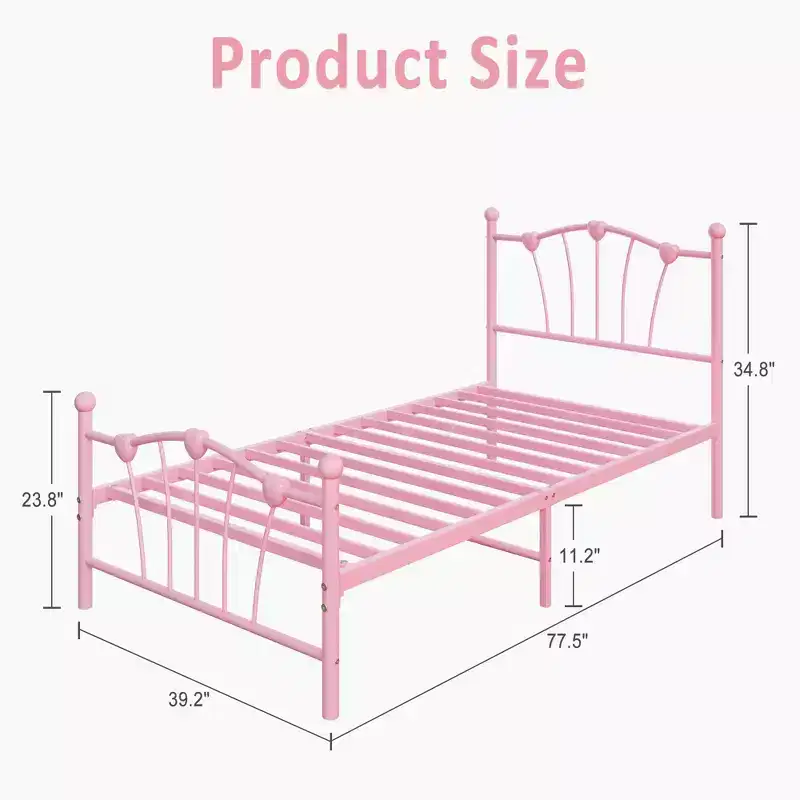 Twin XL Heart Shaped Metal Bed Frame  Pink Platform Bed with Headboard & Footboard, Sturdy Slats, Underbed Storage, No Box Spring Needed
