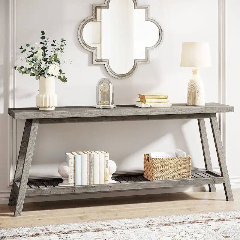 Grey / Brown 2-Tier Farmhouse Console Entryway Table – 70.9 Inch Extra Long