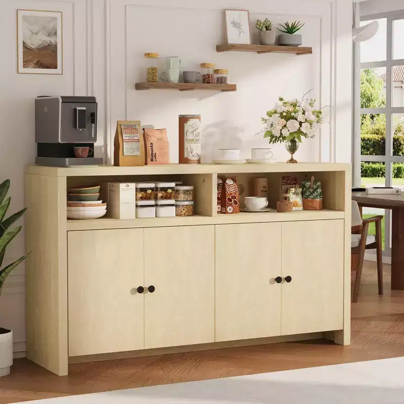 55 Sideboard Buffet Cabinet, Wood Coffee Bar Cabinet with Gold Adjustable Shelves, Media Console Table, Credenza Buffet Table for Living Room, Black