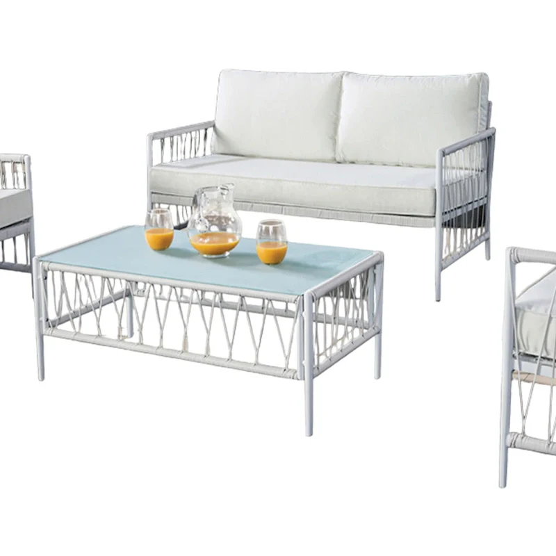 Hema 4 Piece Patio Set with 2 Chairs, Table, and Sofa, White Fabric, Metal