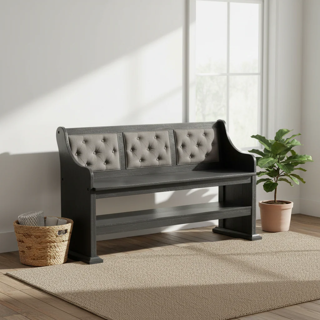 Upholstered Counter Height Dining Bench with Tufted Backrest - Rustic Style (Dark Grey/Beige)