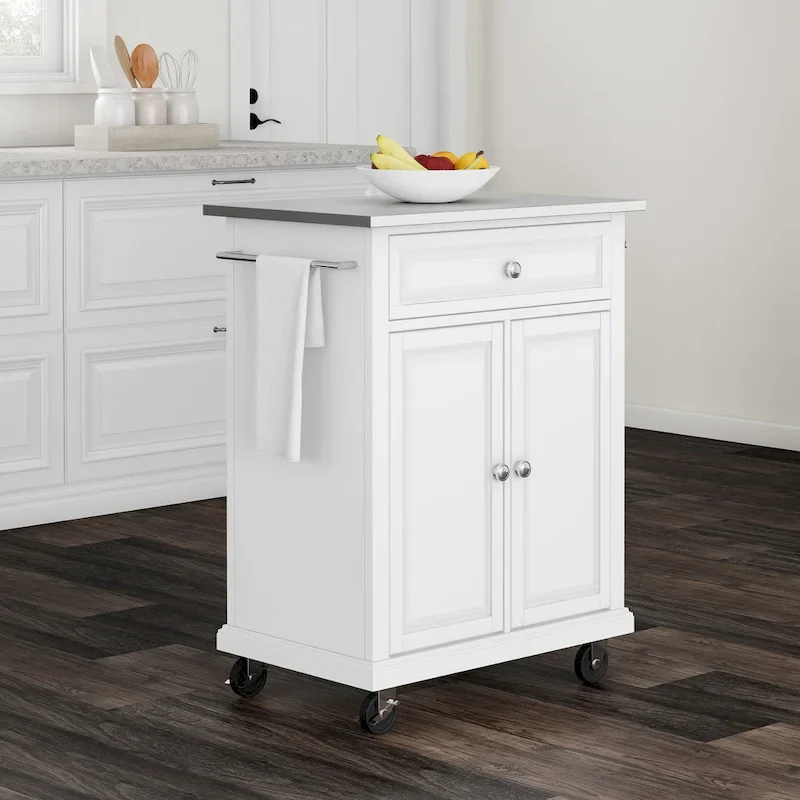 Crosley Compact White Wood Portable Kitchen Cart/ Island with Stainless Steel Top - 18d x 31w x 35.5h
