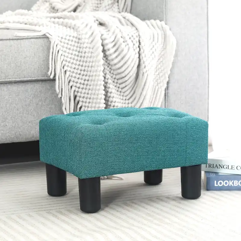 Adeco Button Tufted Linen Foot Stool Rectangular Small Ottoman