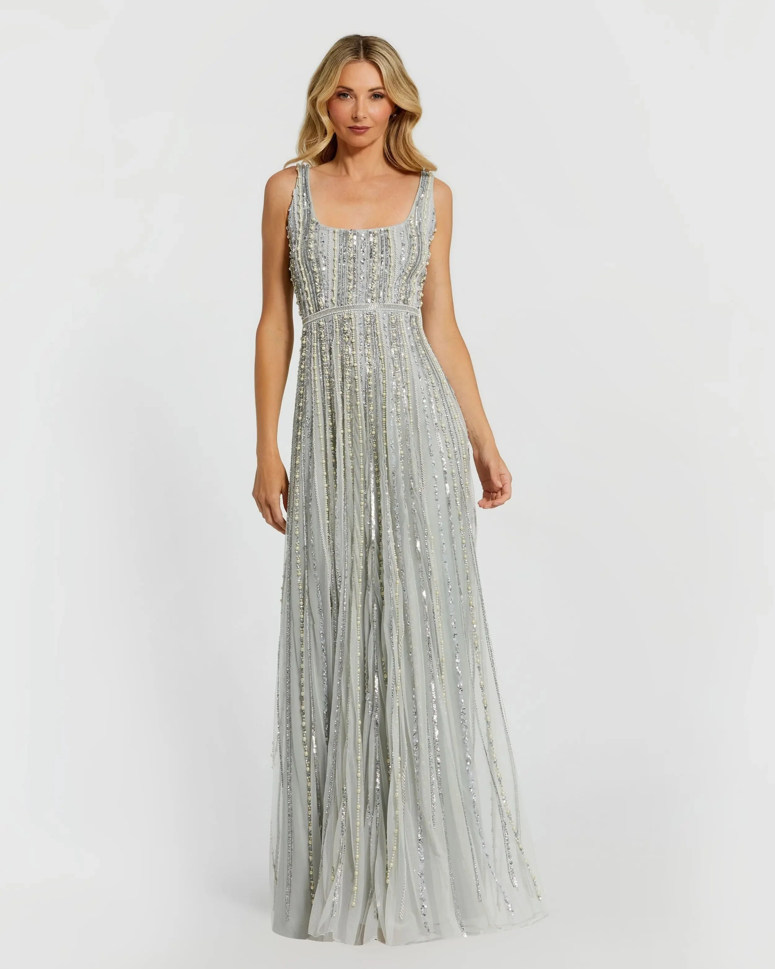 Green Scoop Neck A-Line Gown With Striped Beading
