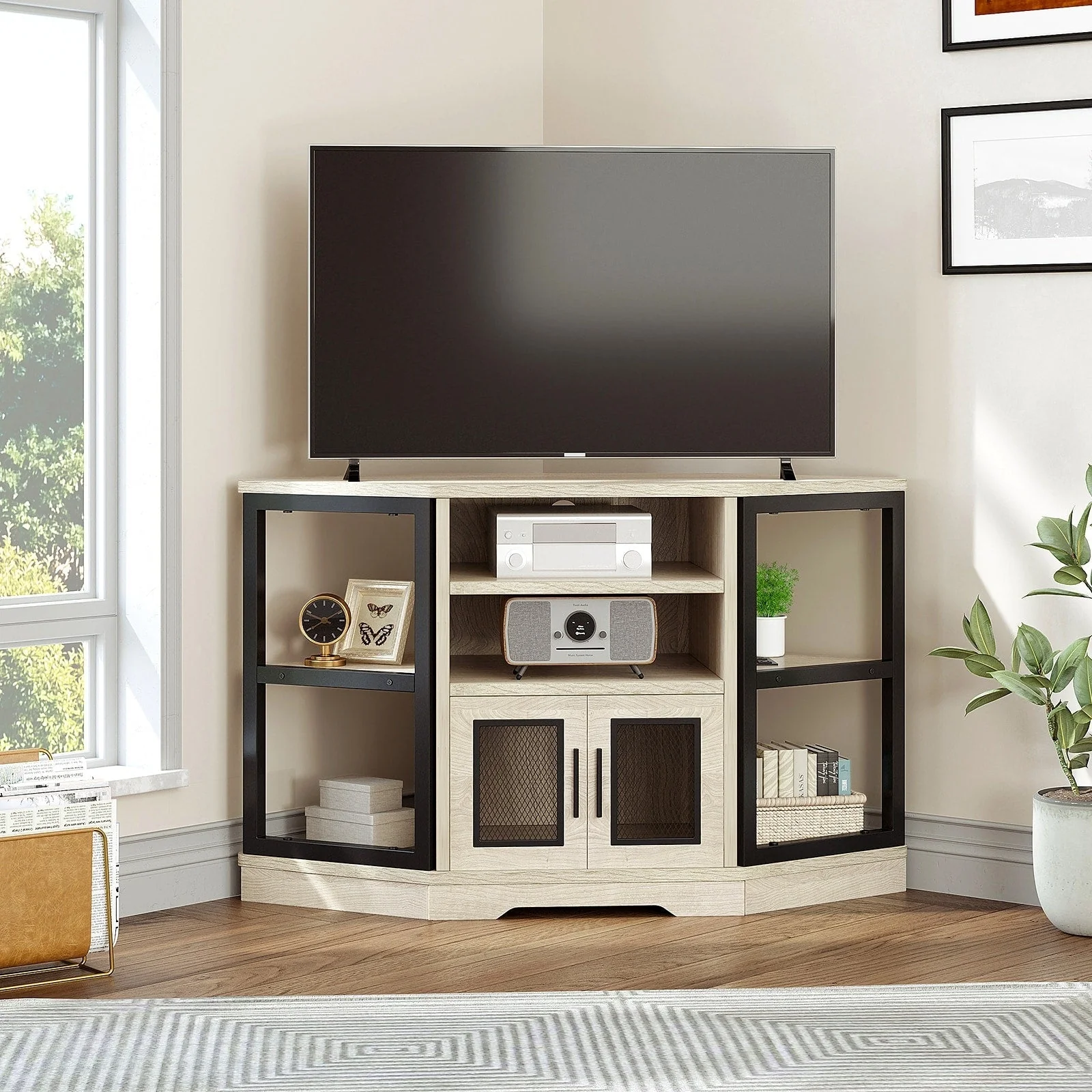 Farmhouse Corner TV Stand Entertainment Center Media Console for TVs up to 55 with Power Outlet