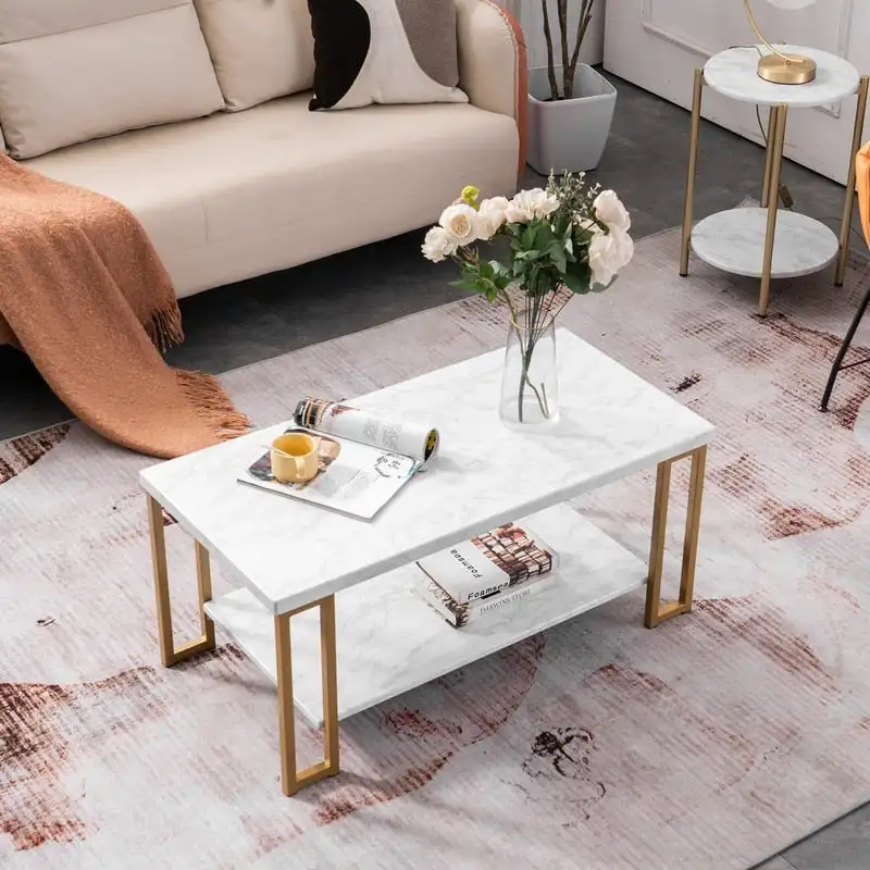 Double-layer Golden Iron Pipe Marble PVC Coffee Table