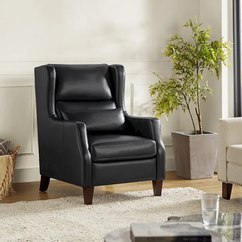 Genuine Leather Wingback Armchair with Pillow