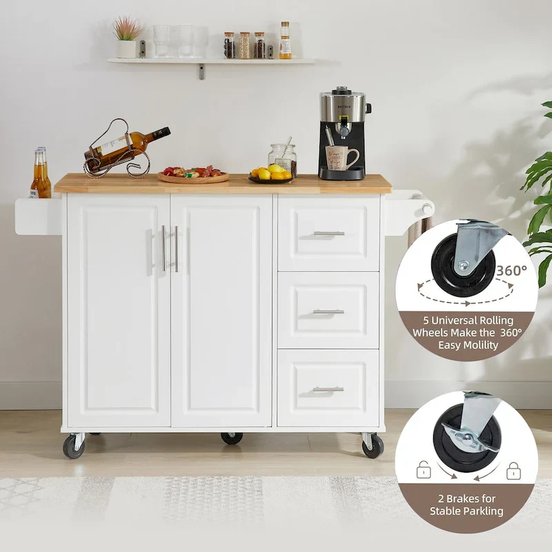 Kitchen Island with Drop Leaf Countertop and Rolling Cart