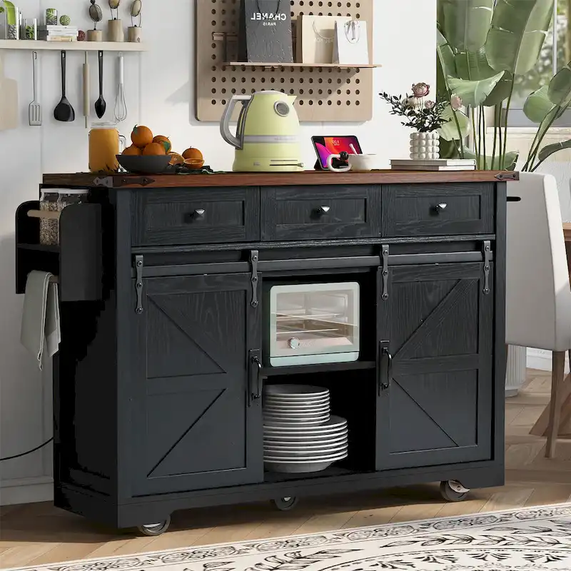 White & Black, Farmhouse Kitchen Island Cart with Power Outlet, 1-Person