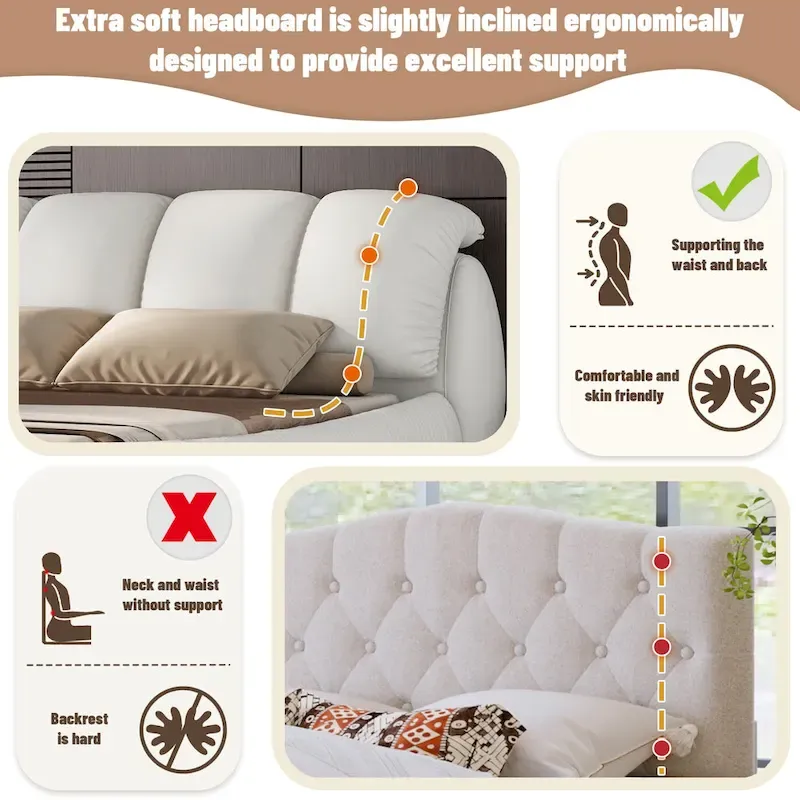 Luxury Upholstered Leather Bed with Thick Headboard