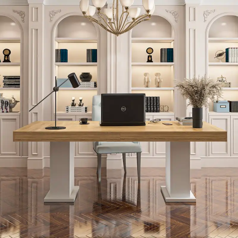 Wooden Conference Table with White Base Meeting Table Computer Desk