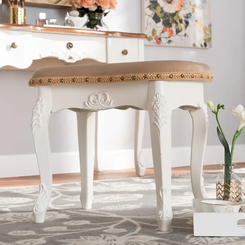 Vanity Ottoman, French Provincial Style, Velvet Polyester Upholstery, Foam Padding, Brass Nailhead Trim, Floral Embellishments, Backless, Sand / White / Gold, 1-Person Use