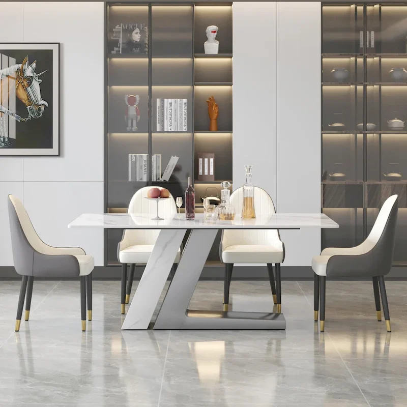 Modern Slate Kitchen Dining Table with White Rectangle Sintered Stone Top and Metal Legs -- 63/71/79