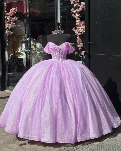 Glitter Off The Shoulder Pink Ball Gown Quinceanera Dresses