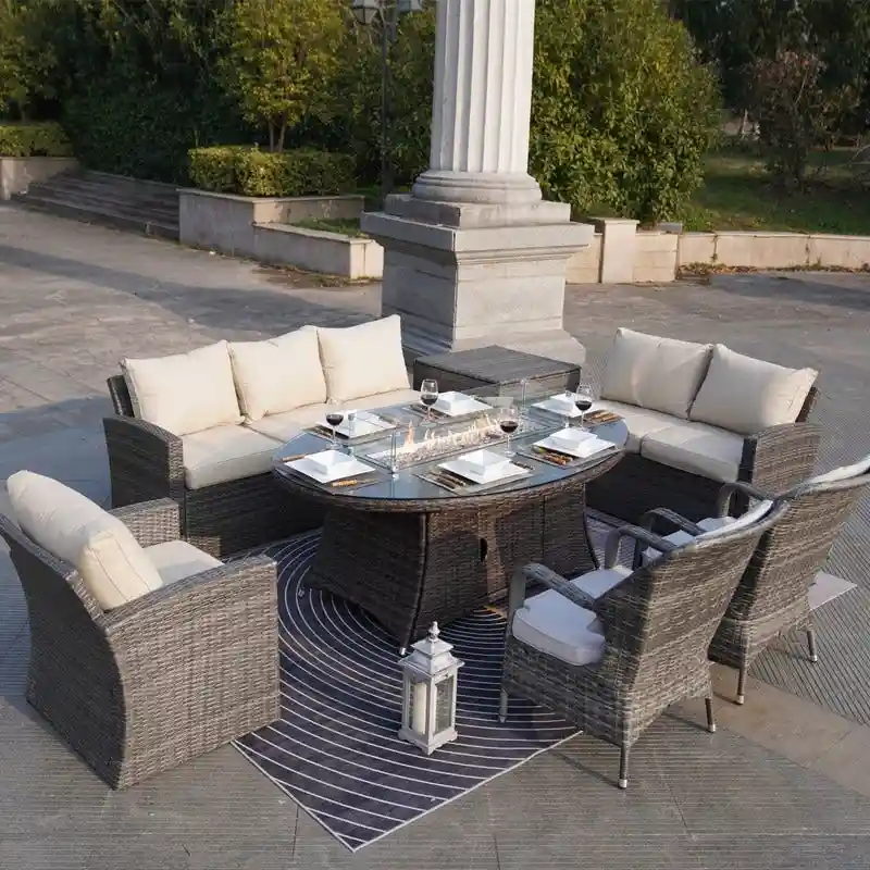 7-Piece Patio Mixed Brown and Grey Sofa Set with Fire Pit Table