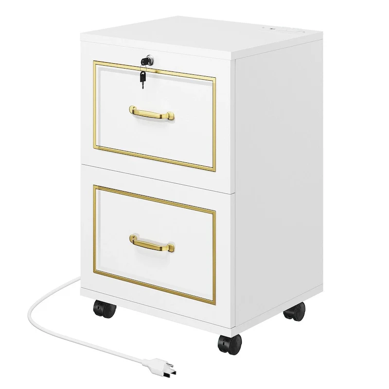 White 2-Drawer Mobile Filing Cabinet with Charging Station, Single User