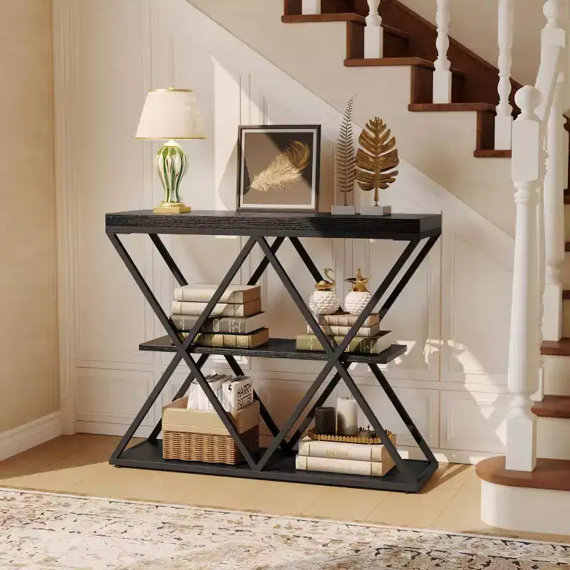 Shelf Console Sofa Table for Living Room, Storage Accent Table with Adjustable Feet