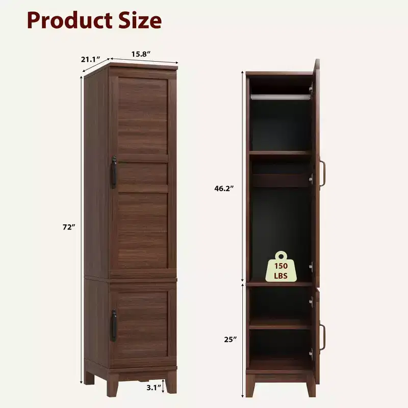 Wooden Armoire Wardrobe Closet, 72''H Clothing Storage Cabinet with Handing Rod, Armoire Clothes Organizer with Adjustable Shelves for Bedroom, Brown