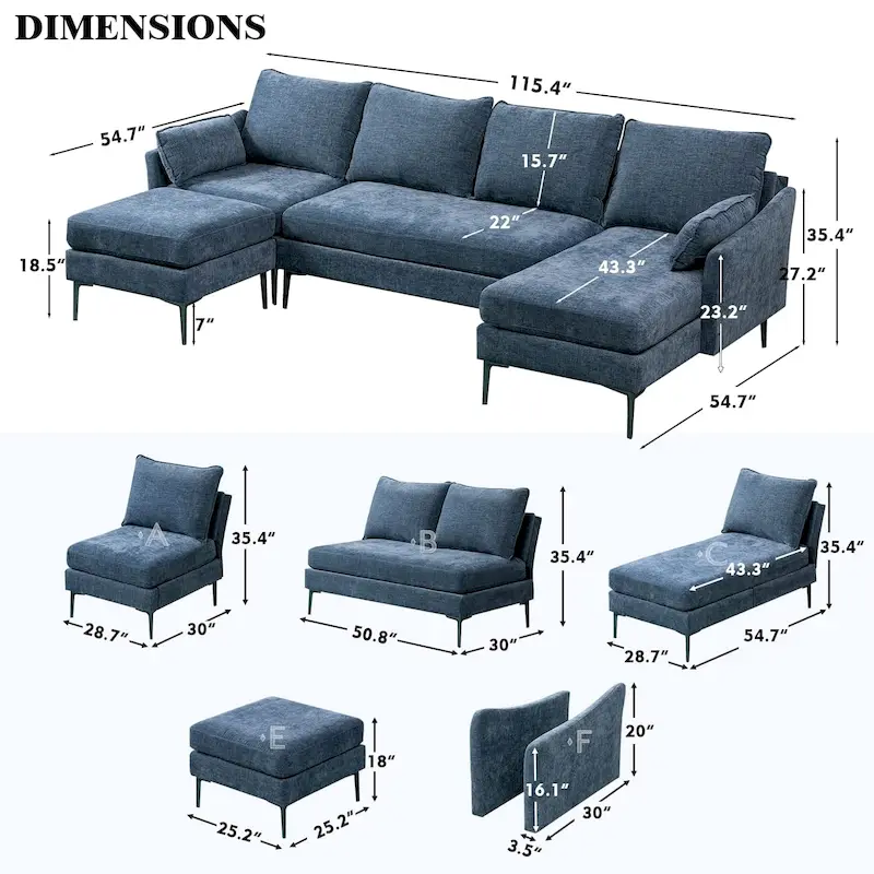 U-Shaped 6-Seat Sectional Sofa, Reversible Sleeper in Modern Chenille Design, with Chaise Lounge and Ottoman