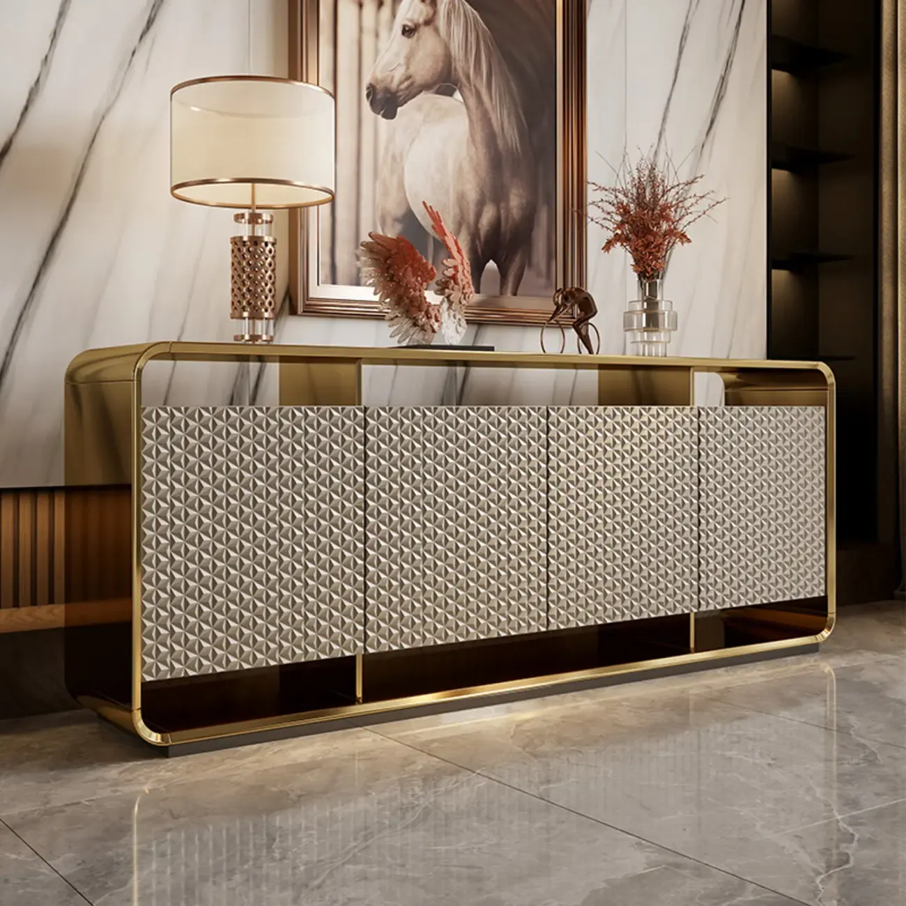 Glam Metal and Wood Sideboard with Shelves