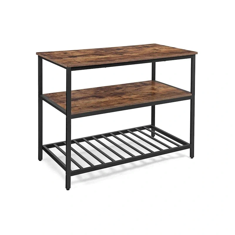 Black Metal Kitchen Shelf with Large Wooden Worktop and Adjustable Storage Racks