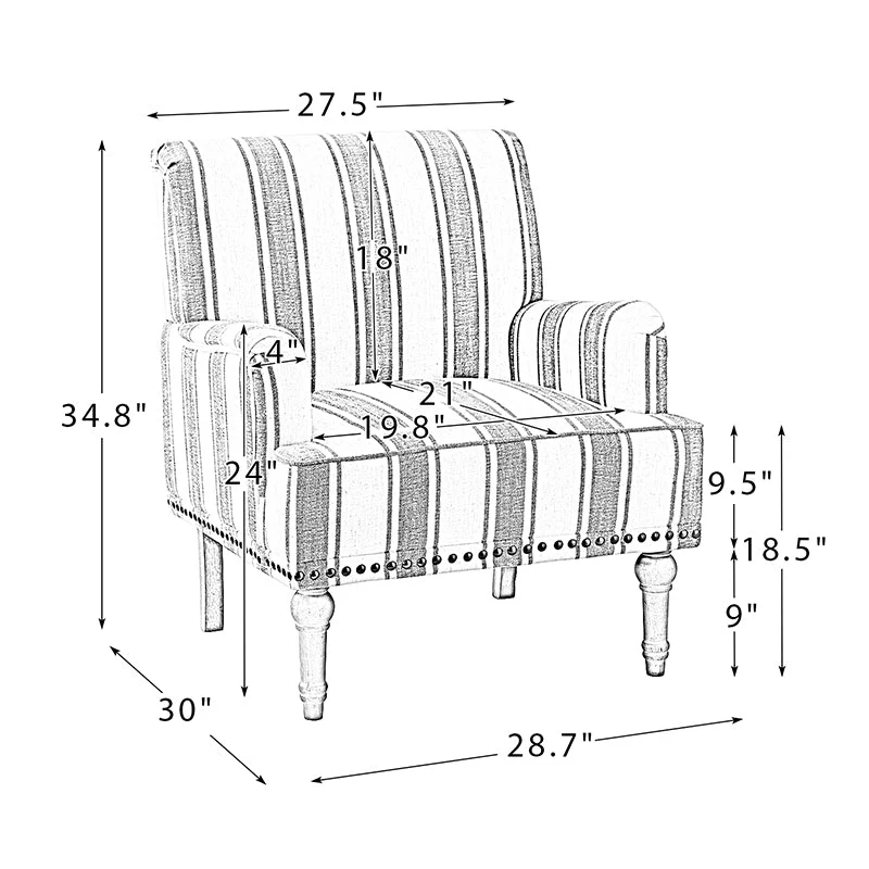 Stripe Polyester Armchair with Nailhead Trim, Square Arms & Carved Smoky Grey Wood Legs | Navy / Grey / Black / Blue | Single Seat