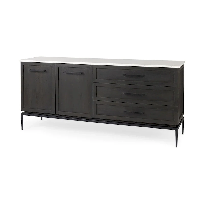 Divina Dark Brown Wood w/ White Marble Top and Black Metal Base Sideboard - 71.0L x 18.5W x 32.0H