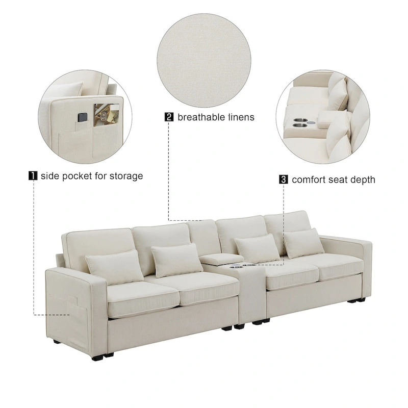 Modern Linen Fabric Upholstered Sofa with Console, 4Pillows,Cupholders,USB