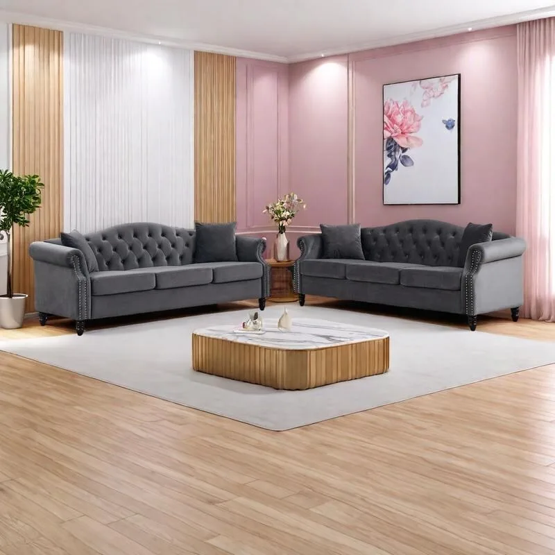 2-Pieces 6-Seat Velvet Chesterfield Sofa Set (Two 3-Seaters) with Tufted Back & Nailhead Trim