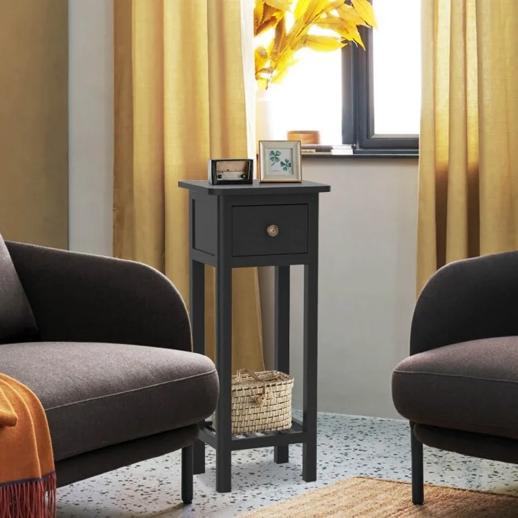 2-Tier Slim Rectangular Side Table - Black/White - Acacia Wood