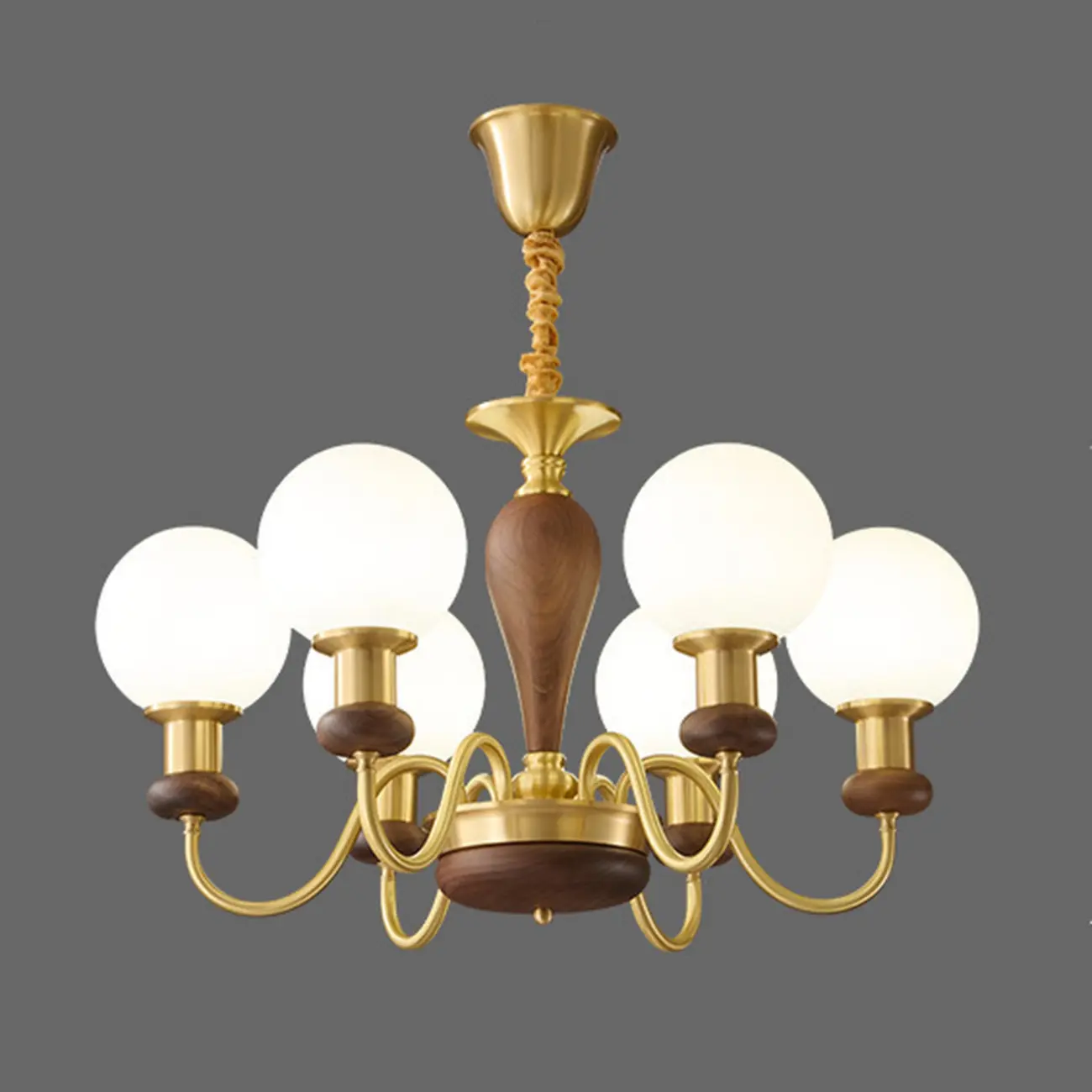 Mid-Century Brass Wood Chandelier with Globe Glass Shade