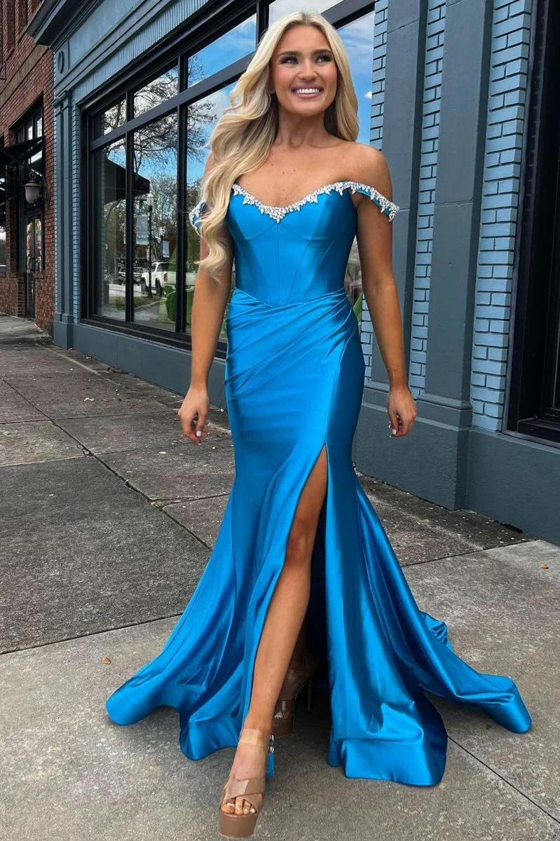 Mermaid Off The Shoulder Red Satin Slit Prom Dress with Beading