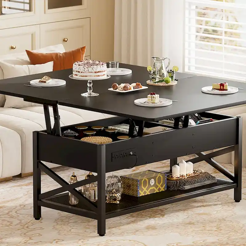 4-Color Modern Lift-Top Coffee Table with RGB LED, USB & Power Outlets for 2+