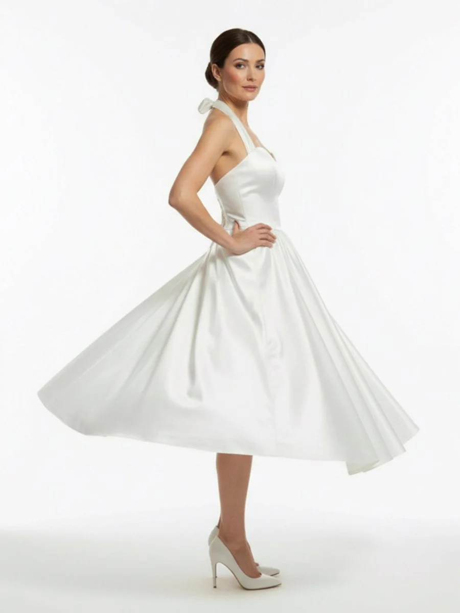 White A-Line Halter Sleeveless Tea Length Satin Bridal Gowns With Bow(s) Pleats