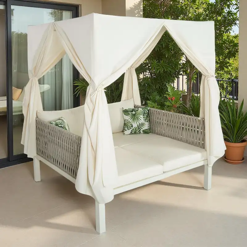 Outdoor Patio Rattan Canopy Daybed Sunbed with Curtain and Woven Rope Arm