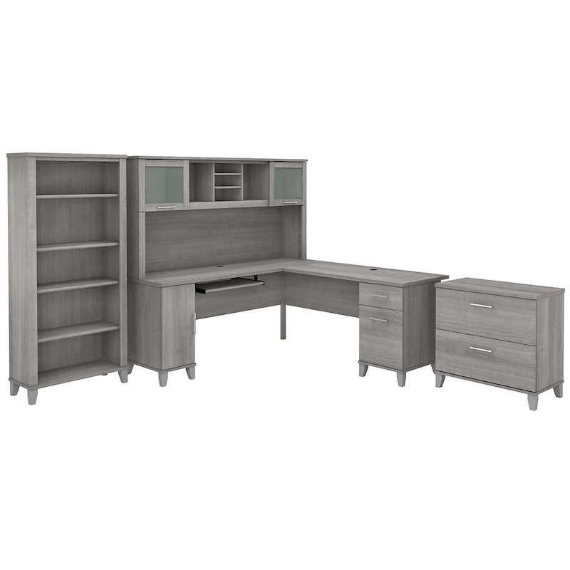 Somerset 72W L Shaped Desk with Hutch, Cabinet and Bookcase in Gray