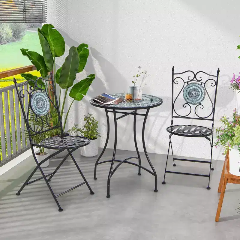 Costway 3pcs Patio Bistro Set Mosaic Pattern Heavy-Duty Metal Dining Folding Outdoor