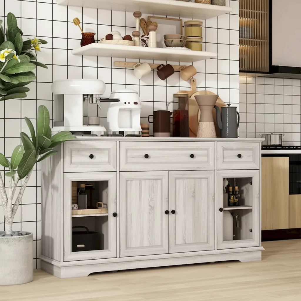 Elegant Wood-Grain Buffet Cabinet with Adjustable Shelves Sideboard