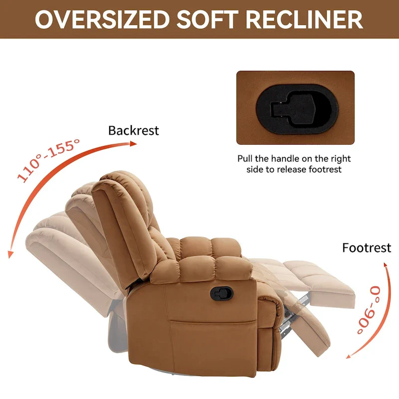 Swivel Rocker Fabric Recliner Chair, Overstuffed Large Manual Recliner Glider with Pillow Top Arms and Cushion Back