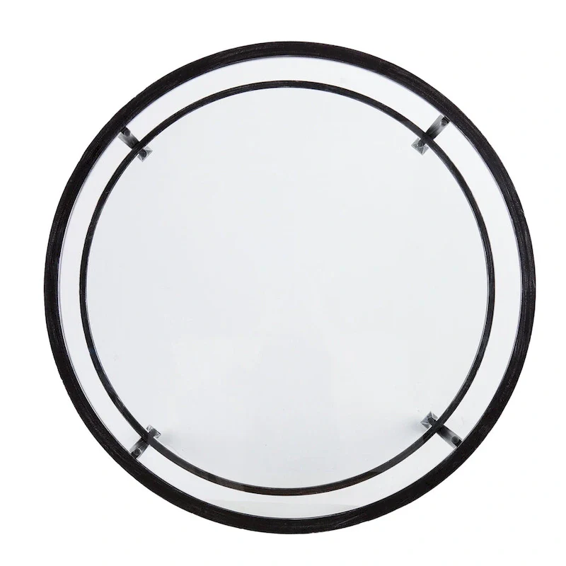 SEI Furniture Glenn Distressed Black Metal Round CoffeeTable with Glass Top and Shelf