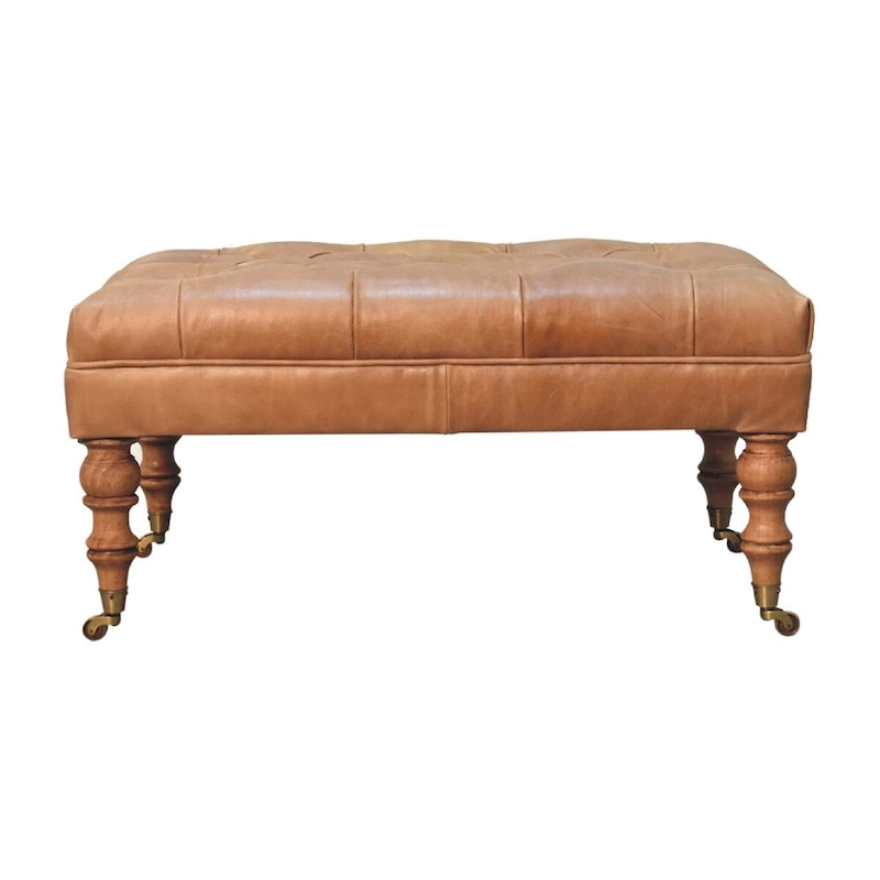 Artisan Furniture Solid Wood Buffalo Tan Leather Ottoman with Castor Legs