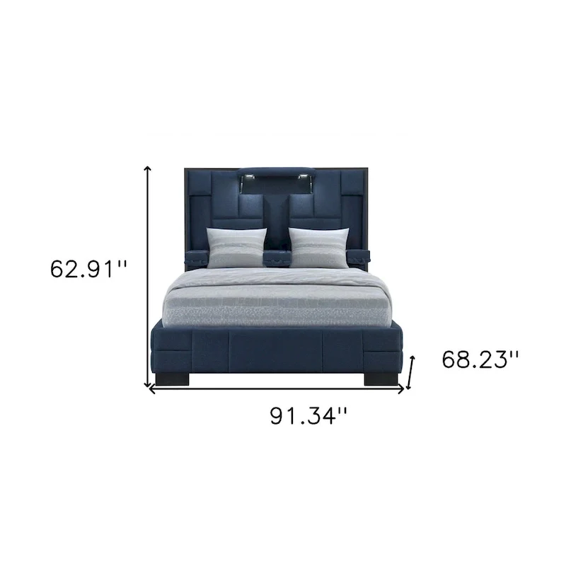 Queen Upholstered Bed Frame with LED Lighting & Bluetooth – Navy Blue / Black, Sleeps 2