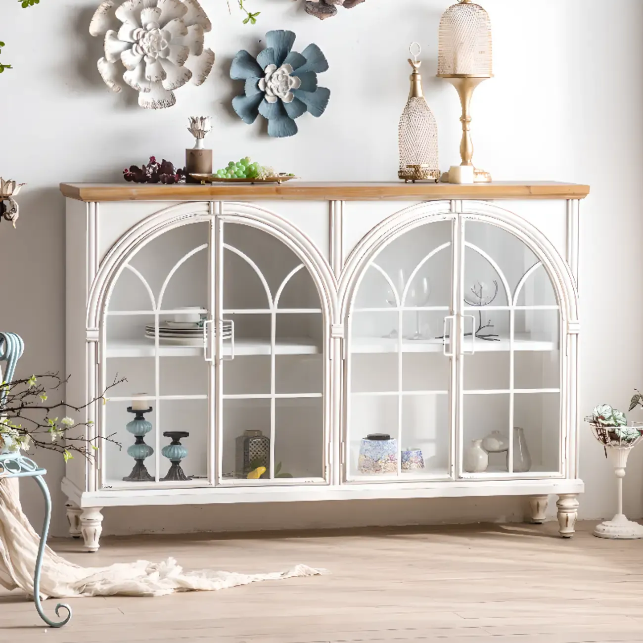 French Country Rectangle Storage Cabinet Arch Glass Door