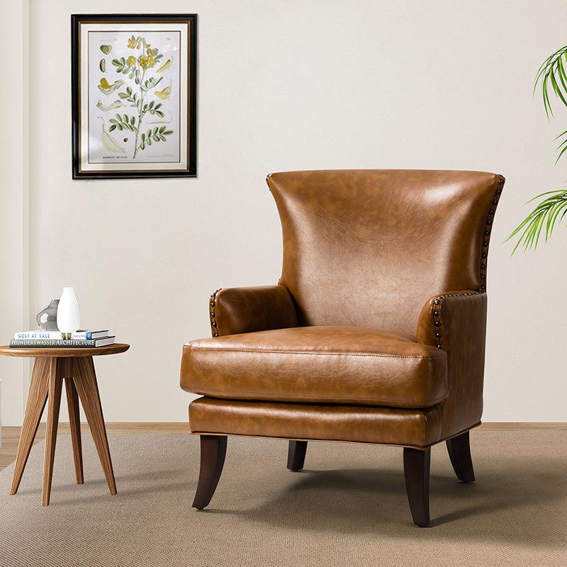 Vegan Leather Wingback Armchair with Nailhead Trim & Curved Solid Wood Legs | Camel / Brown / Turquoise | Single Seat