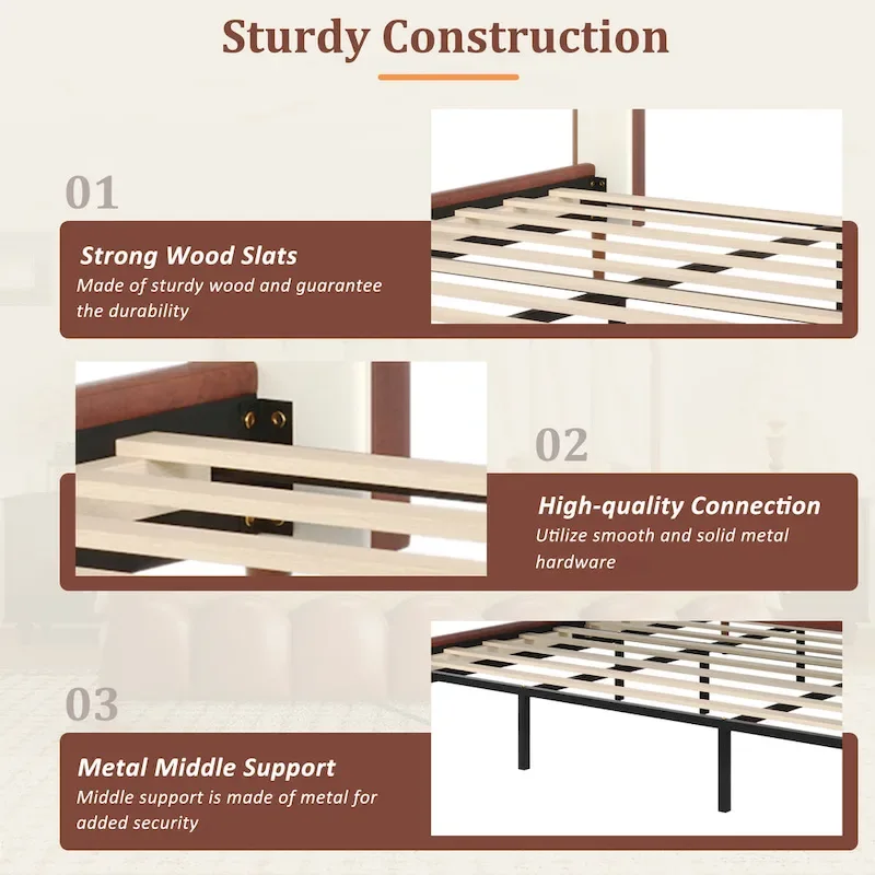 Leather Upholstered Bed with Headboard & Footboard, Solid Wood Slats & Legs