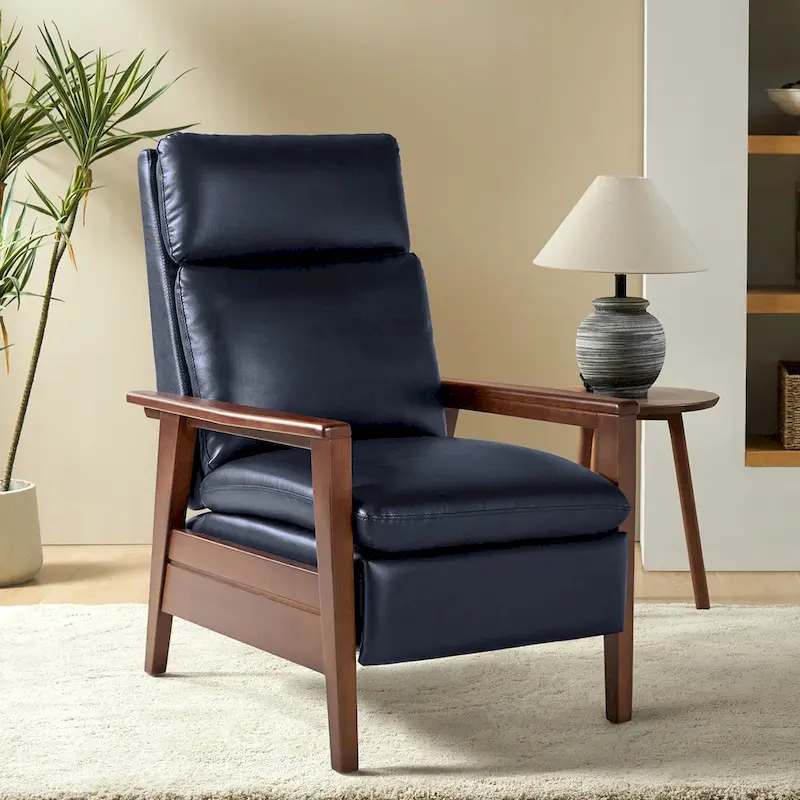 Mid-century Vegan Leather Solid Wood Recliner