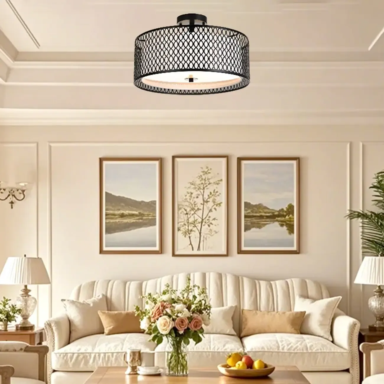 Modern Black Metal Hollow Cylinder Semi Flush Ceiling Light